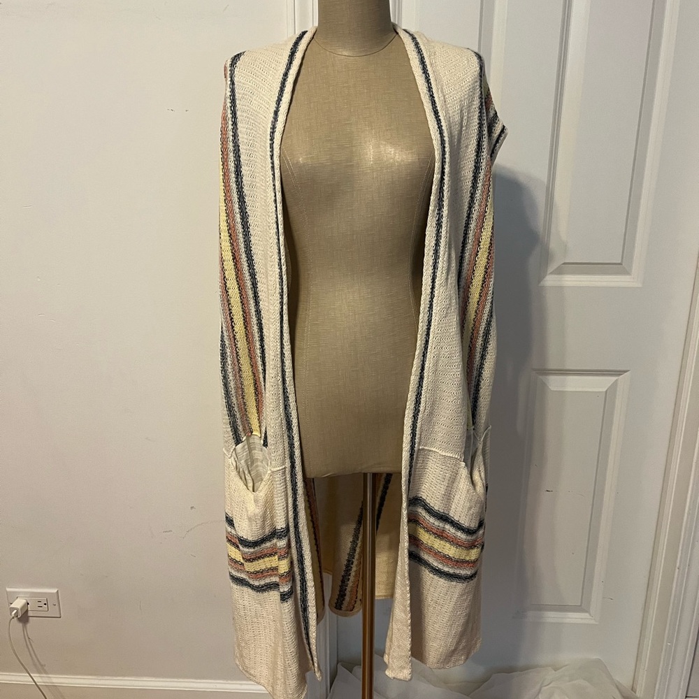 One size, long boho loose sweater vest, knitted, cream with color detail